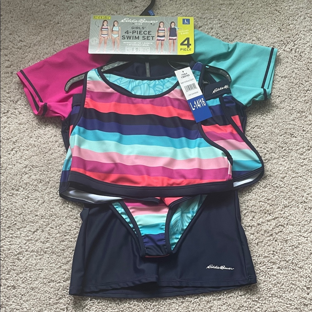 Eddie Bauer Girls Striped Multi-Color 4-Piece Swim Set size L 14